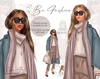 May include: A digital illustration of a woman wearing a blue coat, a beige turtleneck sweater, and a pink scarf. She is walking with a dog on a leash. The text "Be Fashion" and "Cozy season." is written on the image.