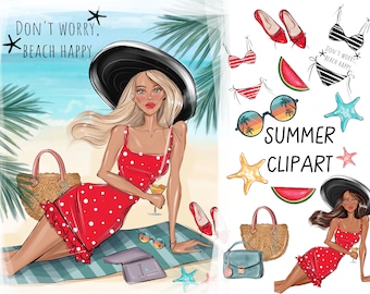 Summer Girl Clipart, Beach Clipart, Fashion Girl Clipart, Black Girl, Summer Clipart, Planner Girl Clipart, Planner Stickers png, Vacation