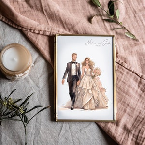 May include: A framed illustration of a couple in wedding attire. The bride wears a strapless gown and carries a bouquet. The groom is in a tuxedo. The frame is gold-colored, and the text "Melissa and John" is visible.