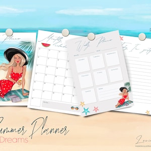 May include: A printable summer planner with a beach theme. The planner includes a monthly calendar, weekly planner, and a "I am grateful for" page. The pages are decorated with a woman in a red dress and a watermelon.