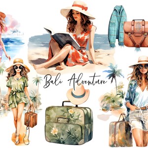May include: A watercolour illustration of four women in different outfits and hats, with suitcases and bags, on a beach with palm trees. The text "Bali Adventure" is written in the centre of the image.