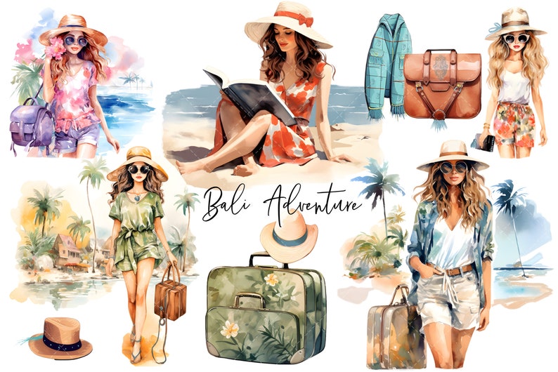 May include: A watercolour illustration of four women in different outfits and hats, with suitcases and bags, on a beach with palm trees. The text "Bali Adventure" is written in the centre of the image.