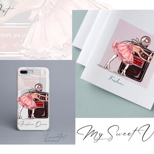 May include: A white phone case with a pink and white illustration of a woman holding a bottle of perfume. The text "Fashion Queen" is printed on the case.