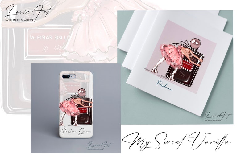 May include: A white phone case with a pink and white illustration of a woman holding a bottle of perfume. The text "Fashion Queen" is printed on the case.