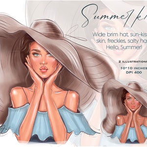Fashion girl clipart, Fashion Illustration, Summer Travel clipart, Digital download, African American woman, Black girl clipart,  Commercial