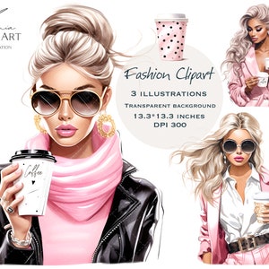 Fashion Girl Clipart, Girl With Coffee Cup, Sublimation Design png, Planner Stickers, Coffee to Go, Scrapbooking, Black Girl, Glasses