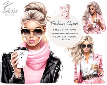 Fashion Girl Clipart, Girl With Coffee Cup, Sublimation Design png, Planner Stickers, Coffee to Go, Scrapbooking, Black Girl, Glasses