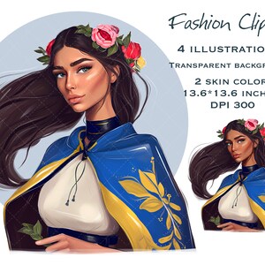 May include: A digital illustration of a woman with long brown hair wearing a blue and yellow cape with floral embroidery. She is wearing a white top and a floral crown. The background is transparent.