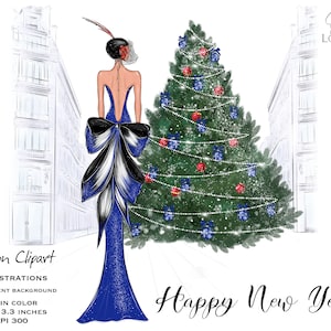 May include: Illustration of a woman in a blue gown with a large black and white bow, standing near a decorated Christmas tree. The image includes the text "Fashion Clipart" and "Happy New Year". The illustration is 13.3 x 13.3 inches.