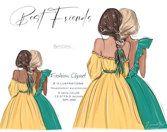 Best Friends Clipart, Besties Clipart, Sisters Soul Clipart, BFF Clipart, Fashion Girls Clipart, Friendship art print, Black Girls png, Back