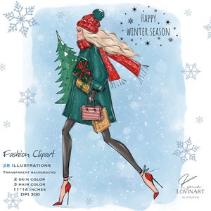 Christmas Girl Clipart, Fashion Girl Clipart, Christmas tree png, Winter Illustration, New year Clipart, Black Girl, Planner Girl