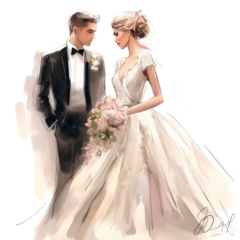 May include: Watercolor illustration of a bride and groom. The groom wears a black tuxedo with a bow tie. The bride is in a white wedding dress and holds a bouquet of pink flowers. The artwork has a soft, romantic feel.