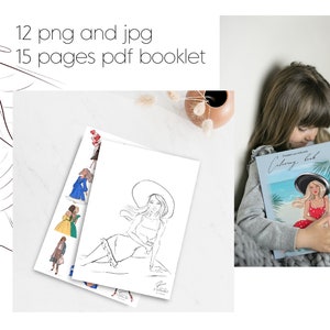 May include: A coloring book with a girl on the cover wearing a red and white polka dot dress and a large sun hat. The book is titled "Coloring Book" and has a blue background with palm trees.
