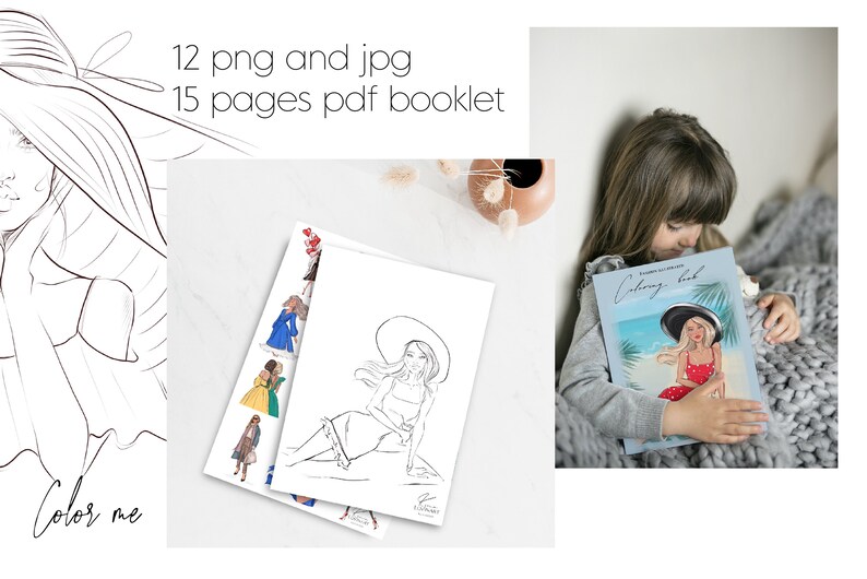 May include: A coloring book with a girl on the cover wearing a red and white polka dot dress and a large sun hat. The book is titled "Coloring Book" and has a blue background with palm trees.