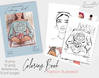 Coloring Book, Printable Fashion illustrated book, Sketch Book pdf, Fashion Drawing Coloring Pages, Fashion Girl Coloring Book png and jpeg