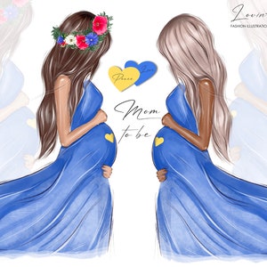 Clipart ciążowy, Clipart przyszłej mamy, Wydruk ciążowy, Matka png, Noworodek, Niebieski i żółty, Clipart dziecięcy, Kobieta w ciąży, Baby Shower
