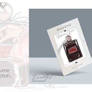 May include: A magazine cover with a white background and the text "MAGAZINE Fashion Queen" in black. The cover features a hand-drawn illustration of a dark brown perfume bottle with a gold cap and a red ribbon.