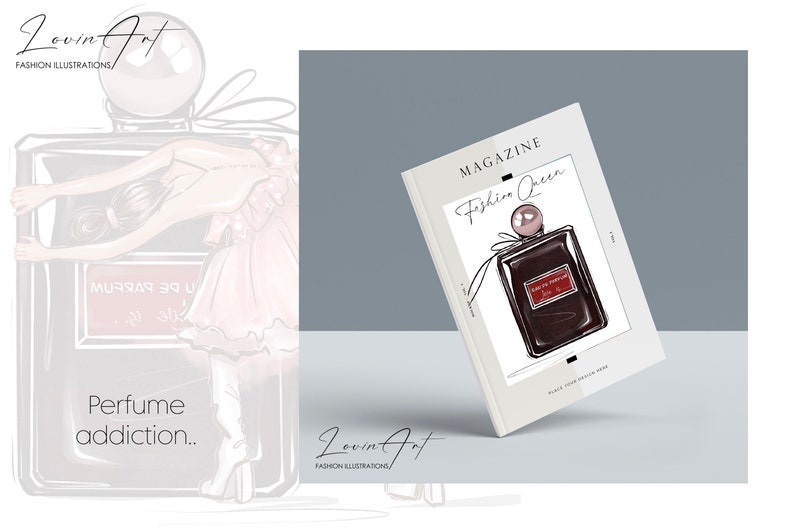 May include: A magazine cover with a white background and the text "MAGAZINE Fashion Queen" in black. The cover features a hand-drawn illustration of a dark brown perfume bottle with a gold cap and a red ribbon.