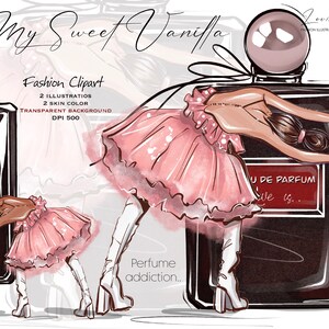 May include: A digital illustration of a woman in a pink tutu holding a bottle of perfume that says "My Sweet Vanilla" and "U de Parfum" on the label. The text "Perfume addiction.." is written below the bottle.
