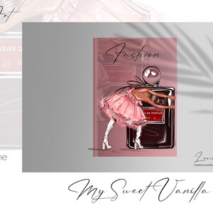 May include: A pink and white illustration of a woman in a pink dress holding a bottle of perfume. The bottle is labeled "Eau de Parfum" and "My Sweet Vanilla".