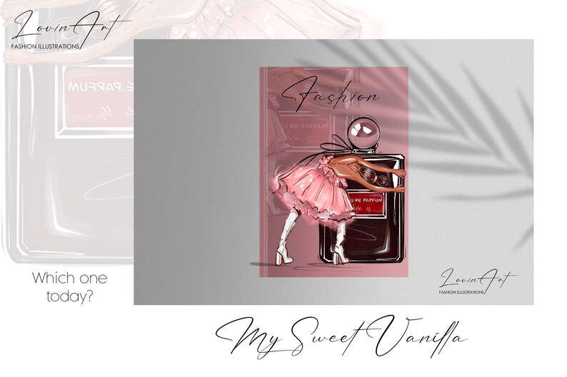 May include: A pink and white illustration of a woman in a pink dress holding a bottle of perfume. The bottle is labeled "Eau de Parfum" and "My Sweet Vanilla".