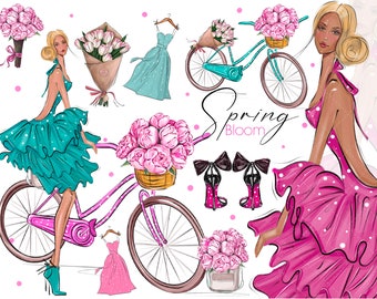 Mode meisje clipart, lente clipart, Moederdag clipart, zomer meisje clipart, fiets PNG, zwart meisje clipart, sublimatie planner meisje