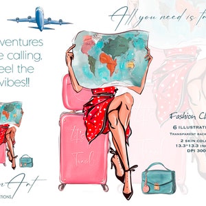 Fashion Girl Clipart und Koffer, Reise Clipart, Schwarze Frau, Sommer Urlaub, Planer Mädchen, Digitaler Download, Sublimation Mädchen Clipart