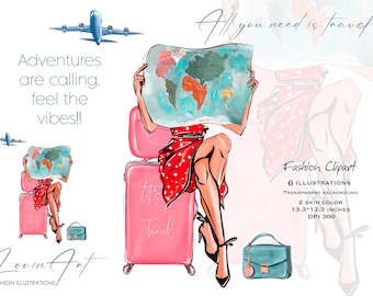 Fashion girl clipart and suitcase, Travel Clipart, Black woman, Summer Vacation, Planner girl, Digital download, Sublimation girl clipart