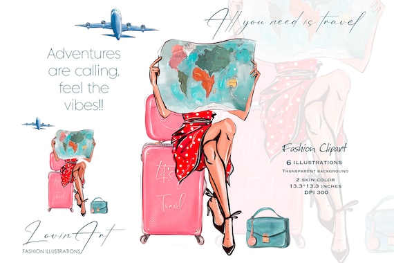 Fashion girl clipart and suitcase, Travel Clipart, Black woman, Summer Vacation, Planner girl, Digital download, Sublimation girl clipart