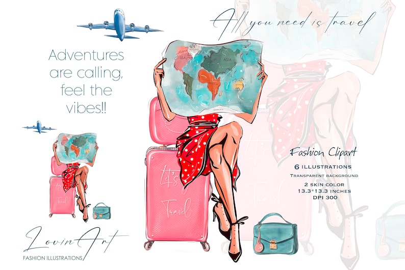 Pu&ograve; includere: Una donna con un vestito rosso a pois &egrave; seduta su una valigia rosa con una mappa del mondo in mano. Il testo "All you need is travel" &egrave; scritto nell'angolo in alto a destra dell'immagine. Il testo "Adventures are calling, feel the vibes!!" &egrave; scritto nell'angolo in alto a sinistra dell'immagine.