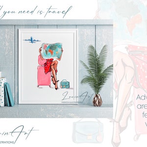 Pu&ograve; includere: Un'illustrazione digitale di una donna seduta su una valigia rosa, che tiene una mappa del mondo. Il testo "All you need is travel" &egrave; in alto nell'immagine. Il testo "Lovin Art" &egrave; in basso nell'immagine.