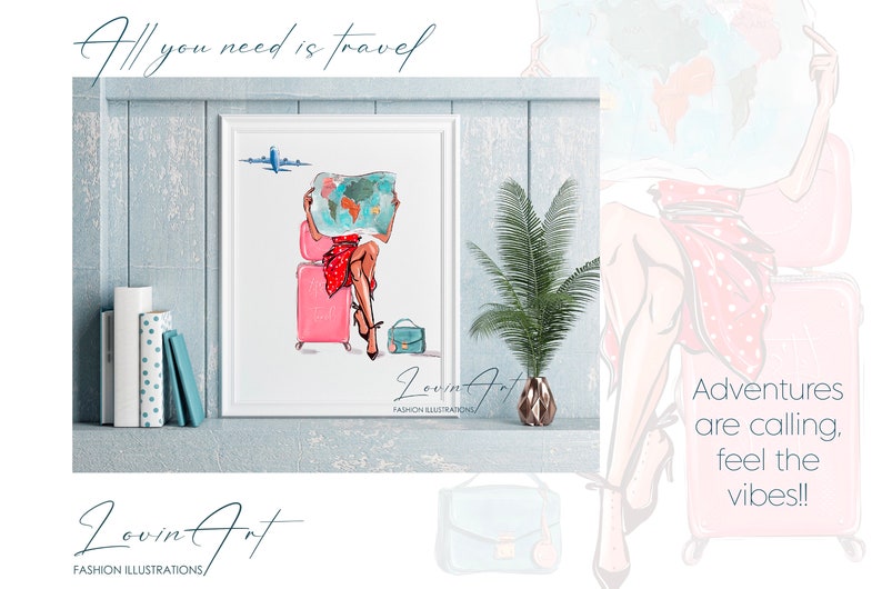 Pu&ograve; includere: Un'illustrazione digitale di una donna seduta su una valigia rosa, che tiene una mappa del mondo. Il testo "All you need is travel" &egrave; in alto nell'immagine. Il testo "Lovin Art" &egrave; in basso nell'immagine.