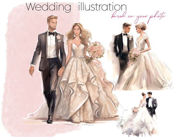 Custom Wedding Fashion Illustration, Bride and Groom, Newlywed Gift, Digital Download, Personalised Wedding Sketch, Couple Engagement gift