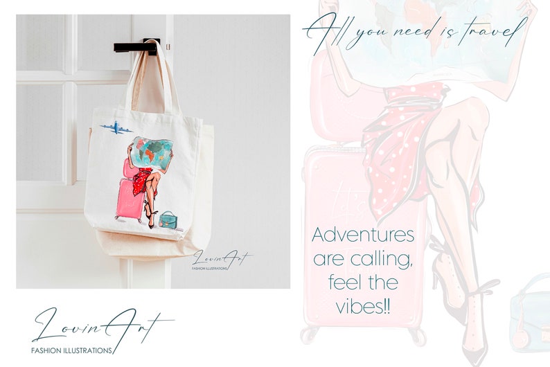 Pu&ograve; includere: Una borsa tote bianca con un'illustrazione colorata di una donna seduta su una valigia con una mappa in mano. Il testo "All you need is travel" &egrave; scritto in corsivo sopra la donna. Il testo "Adventures are calling, feel the vibes!!" &egrave; scritto sotto la donna. La borsa ha il testo "Lovin Art" scritto nell'angolo in basso a destra.
