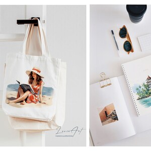 May include: A white canvas tote bag featuring a printed image of a woman in a red dress and a white hat sitting on a beach reading a book. The bag has the text "Love in Art" and "Fashion Illustrations" printed on the bottom.