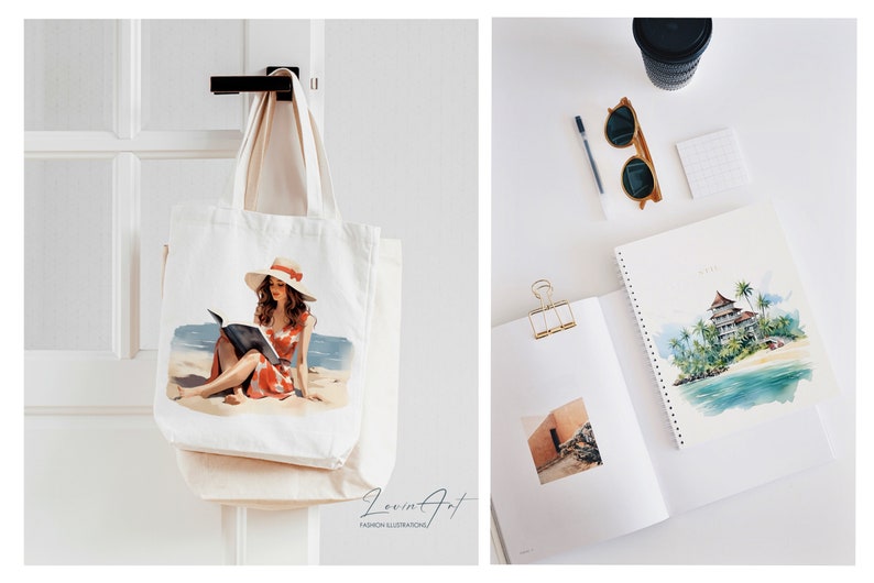 May include: A white canvas tote bag featuring a printed image of a woman in a red dress and a white hat sitting on a beach reading a book. The bag has the text "Love in Art" and "Fashion Illustrations" printed on the bottom.