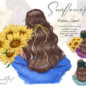 Fashion Girl Clipart, Sunflower Clipart, Spring Girl Clipart, Girl with Flowers png, Mother’s Day Clipart, Planner Girl, Black Girl clipart