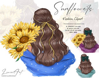 Fashion Girl Clipart, Sunflower Clipart, Spring Girl Clipart, Girl with Flowers png, Mother’s Day Clipart, Planner Girl, Black Girl clipart