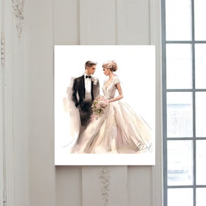 May include: Watercolor illustration of a bride and groom on a white background. The groom wears a black tuxedo with a bow tie, and the bride is in a white wedding dress holding a bouquet of pink flowers. The artwork is displayed on a wall.