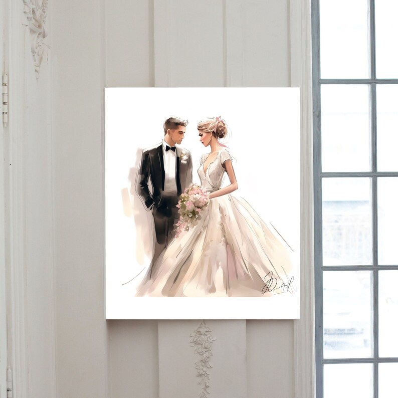 May include: Watercolor illustration of a bride and groom on a white background. The groom wears a black tuxedo with a bow tie, and the bride is in a white wedding dress holding a bouquet of pink flowers. The artwork is displayed on a wall.