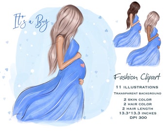 Its a Boy Clipart, Pregnancy clipart, Mom to Be Clipart, Mother Clipart, Nursery Clipart, Pregnant Woman, Black girl, Baby Shower, New Born