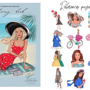May include: A coloring book with a fashion illustration of a woman in a red and white polka dot dress, a black hat, and a glass of champagne. The woman is sitting on a beach towel with a book. The text "Fashion Illustrated Coloring Book" is at the top of the page. The text "For print & digital use" is at the bottom of the page. The text "Reference page" is at the top of the right side of the page. The right side of the page shows a collection of fashion illustrations of women in various poses and outfits.