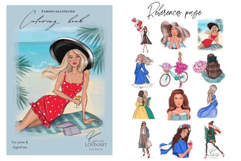 May include: A coloring book with a fashion illustration of a woman in a red and white polka dot dress, a black hat, and a glass of champagne. The woman is sitting on a beach towel with a book. The text "Fashion Illustrated Coloring Book" is at the top of the page. The text "For print & digital use" is at the bottom of the page. The text "Reference page" is at the top of the right side of the page. The right side of the page shows a collection of fashion illustrations of women in various poses and outfits.
