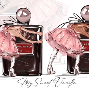 May include: Illustration of a perfume bottle with a pink tutu and a woman's legs in white boots. The bottle is labeled "U de Parfum" and the text "My Sweet Vanilla" is below the bottle.