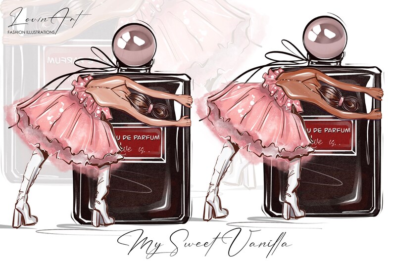 May include: Illustration of a perfume bottle with a pink tutu and a woman's legs in white boots. The bottle is labeled "U de Parfum" and the text "My Sweet Vanilla" is below the bottle.