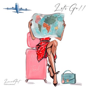 Pu&ograve; includere: Una donna con un vestito rosso a pois bianchi &egrave; seduta su una valigia rosa con una mappa del mondo in mano. La valigia ha scritto "Let's Travel". La donna indossa tacchi neri e una borsa blu &egrave; sul pavimento accanto a lei. Il testo "Let's Go!" &egrave; scritto nell'angolo in alto a destra dell'immagine.
