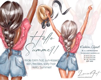 Fashion girl clipart, Fashion Illustration Girl in Hat png, Black Girl clipart, Summer Girl Clipart, Travel girl clipart Woman back view png