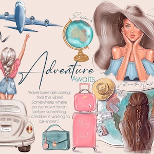 Fashion Girl Clipart with suitcase, Travel clipart, Summer Vacation, African American girl, Black woman png, Sublimation girl with map