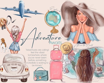 Fashion Girl Clipart con valigia, clipart di viaggio, vacanze estive, ragazza afroamericana, donna nera png, ragazza sublimatica con mappa