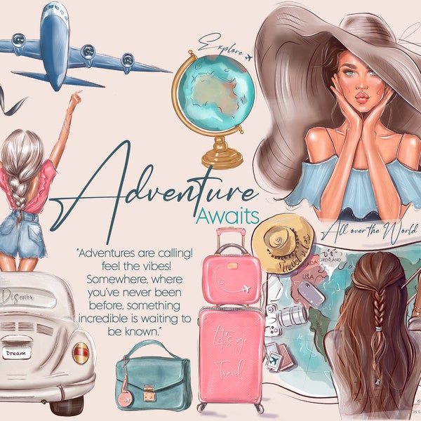 Fashion Girl Clipart with suitcase, Travel clipart, Summer Vacation, African American girl, Black woman png, Sublimation girl with map